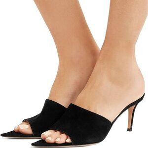 FSJ Women Fashion Mid High Heels Sandals Suede Slip on Open Toe Mules Sexy